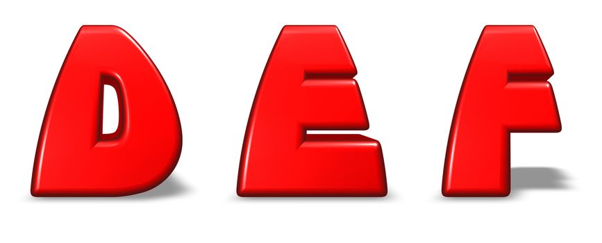 red letters d, e and f on white background - 3d illustration