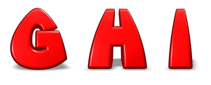 red letters g, h and i on white background - 3d illustration