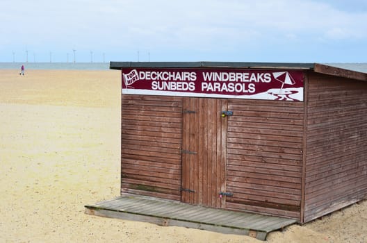 Beach equipment rental shed on beach