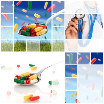 Medical collage. Colorful pills and doctor with stethoscope.
