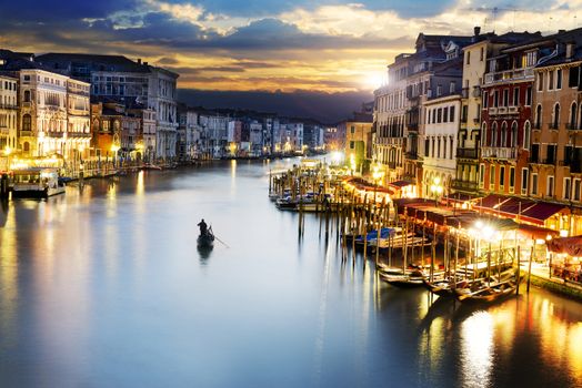 famous grand canale from Rialto Bridge at blue hour, Venice, Italy