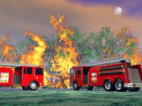 Illustration of two utility trucks near forest fire by full moon night