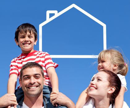 Joyful parents giving their children piggyback ride in front of the sky