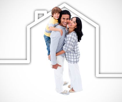 Happy family standing with a white house illustration on a white background