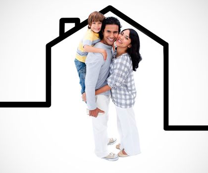 Happy family standing with a house illustration against a white background 