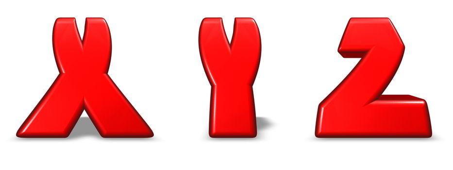 red letters x, y and z on white background - 3d illustration