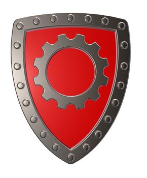 riveted metal shield with gear wheel symbol on white background - 3d illustration