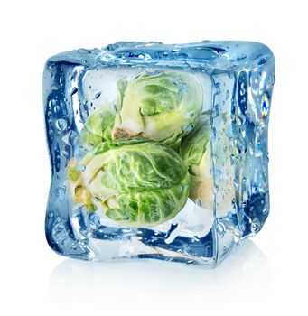 Brussel sprouts in ice cube isolated on a white background