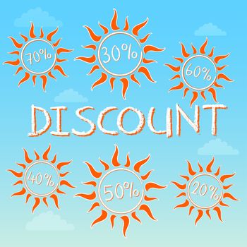 summer discount with different percentages in suns - text and signs on blue label with clouds, business concept