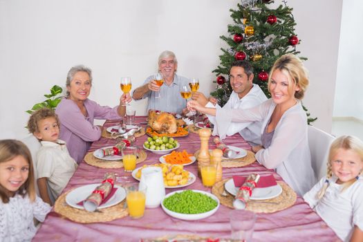 Family raising their glasses at christmas at dinner