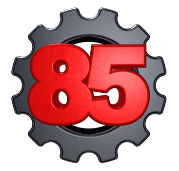 number eighty five and gear wheel on white background - 3d illustration
