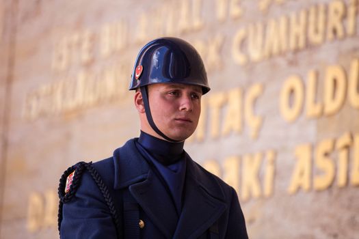 ANKARA, TURKEY ��� APRIL 15: Turkish guard at Mausoleum of Mustafa Kemal Atat��rk, the leader of the Turkish War of Independence on April 15, 2012 in Ankara, Turkey prior to Anzac Day.  Turkish people thank and remember allies from Australia and New Zealand who fought at the battle of Galipoli in the Ottoman Empire during World War I.  Turkish guards silently stand watch at Ataturk's tomb.