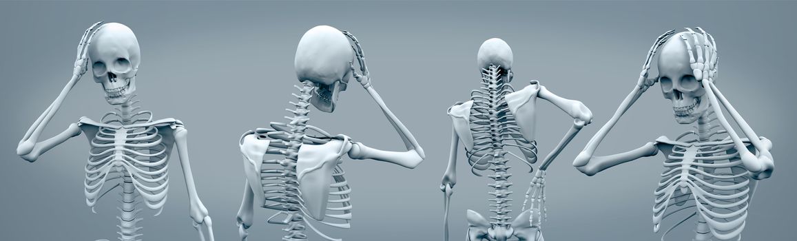 Skeletons having headaches against a grey background