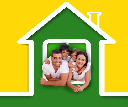 Happy family in the green house illustration on yellow background