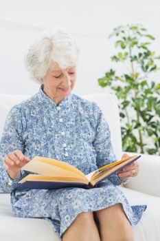 Elderly happy woman looking at her family album on a sofa