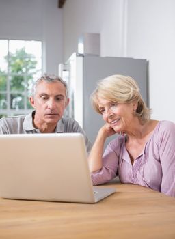 Focused couple using a laptop together at home