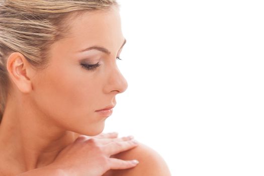 Closeup portrait of beautiful caucasian woman with day makeup