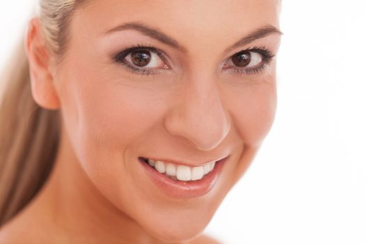 Closeup portrait of beautiful caucasian woman with day makeup