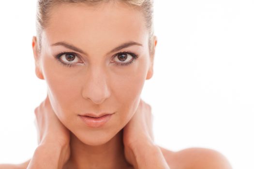 Closeup portrait of beautiful caucasian woman with day makeup