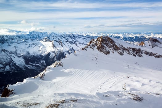winter with ski slopes of kaprun resort next to kitzsteinhorn peak in austrian alps