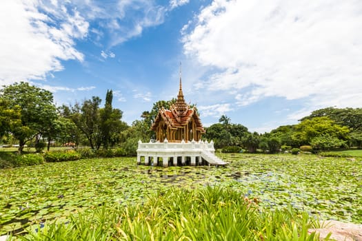 Thai temple on the water at Rama 9 Garden Bangkok, Thailand