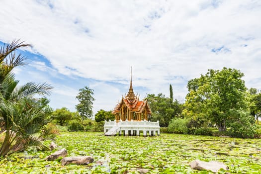 Thai temple on the water at Rama 9 Garden Bangkok, Thailand
