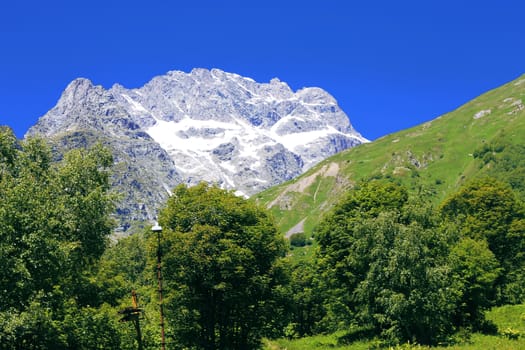 Snowy caucasus mountains and green forest under