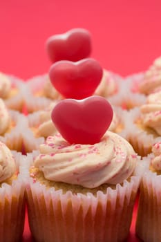 Valentines day pink and white cupcakes on pink background