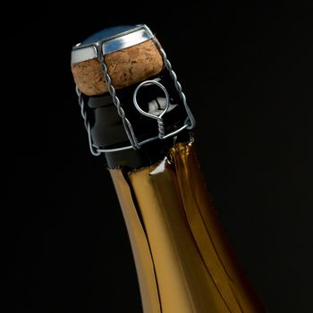Zoom on top of champagne bottle on black background