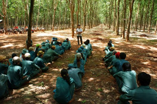 After working day, Dong Phu plantation's rubber worker meeting with team leader to report their work and listen affair content to next day. Binh Phuoc,Viet Nam-  May 9, 2013