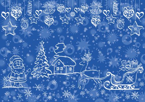 Christmas blue background with white contour cartoon Santa Claus and holiday decorations.