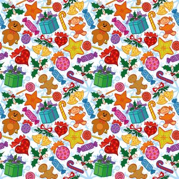 Holiday seamless pattern with cartoon characters and elements.