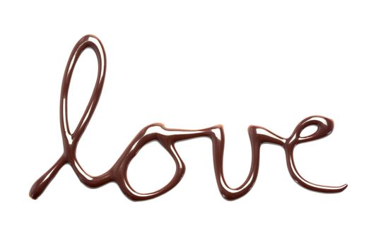Love spelled out in chocolate on white background
