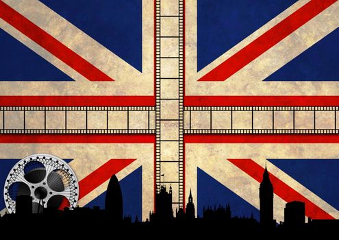 Abstract Illustration of the Union Jack with movie reels and London skyline