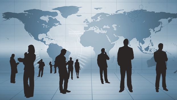 Silhouettes of business people at work on blue digital world map background