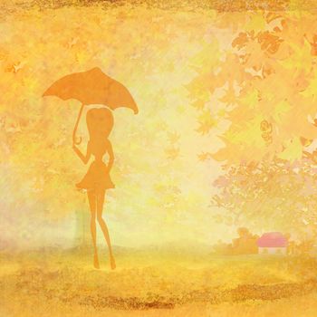 girl with umbrella in autumn scenery