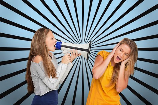 Girl shouting at another through megaphone while she covers her ears on blue and black linear pattern