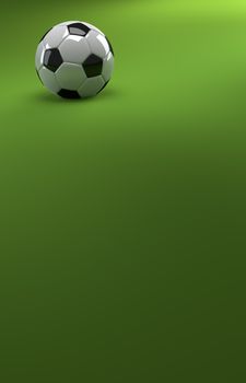 A CGI image of a soccer ball on a green background, like a football pitch, with plenty of copyspace.