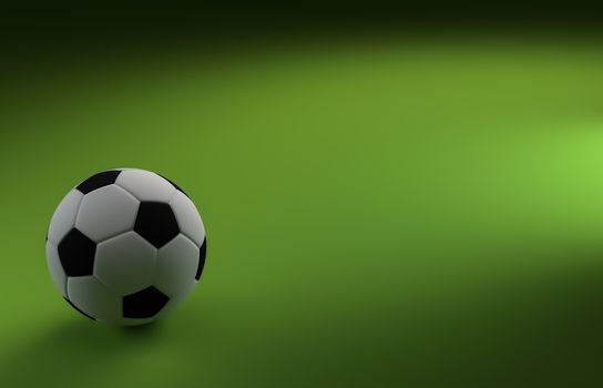 A CGI image of a soccer ball on a green background, like a football pitch, with plenty of copyspace.