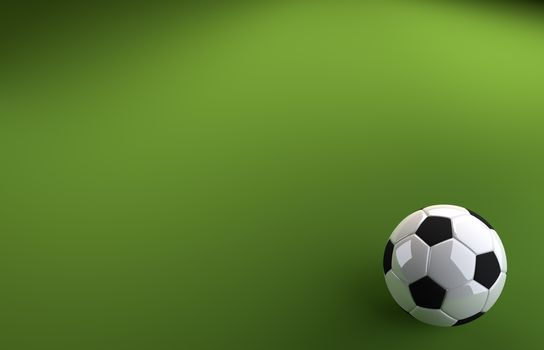A CGI image of a soccer ball on a green background, like a football pitch, with plenty of copyspace.