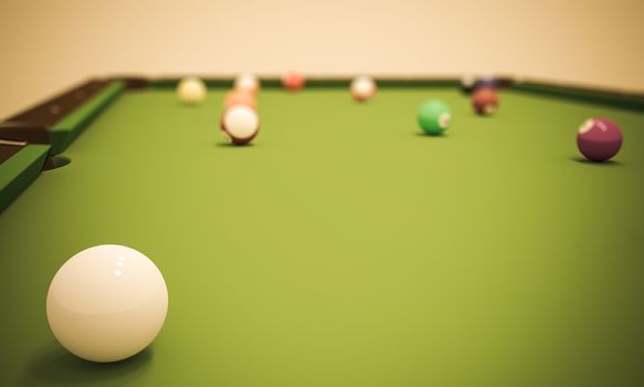 A view from the cue ball with several other balls on a pool table.