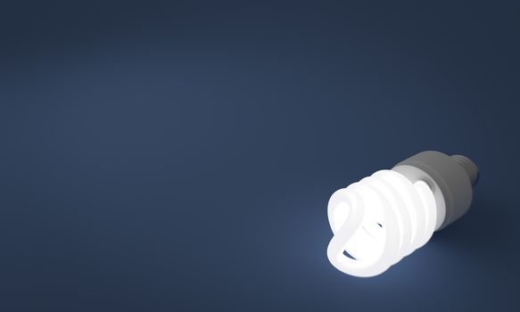 A lit spiral energy saving lightbulb on a blue background.