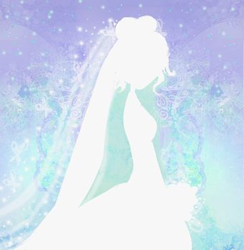 Elegant bride in big white dress - silhouettes illustration