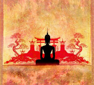 Silhouette of a Buddha,Asian landscape in the background