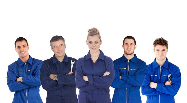 Mechanics in boiler suits portrait on white background