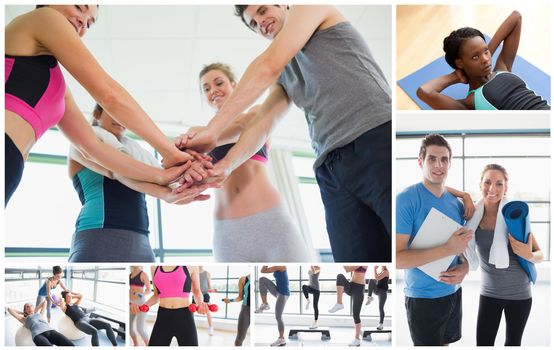 Collage of people at the gym exercising alone and together