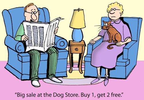 "Big sale at the Dog Store. Buy 1, get 2 free."