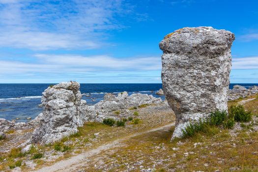 Rock formations on the coastline of Fårö island (Gotland, Sweden). They are called "raukar" in Swedish.