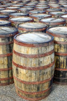 Horizontal detail of stacked whisky casks and barrels