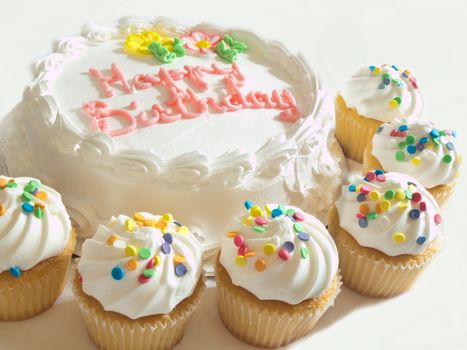 birthday cake and cupcakes